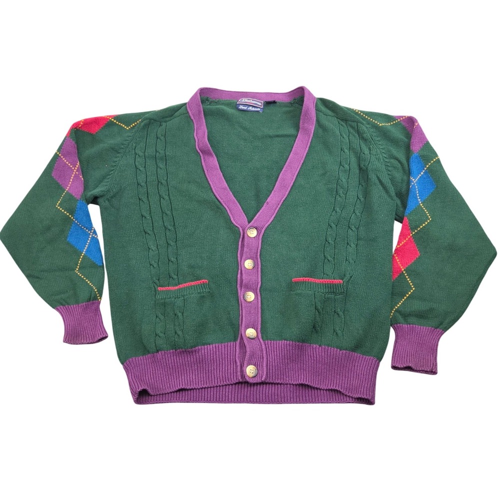 Vintage CF Hathaway Cardigan Mens L Green Argyle Cable Knit Cotton 90s Preppy